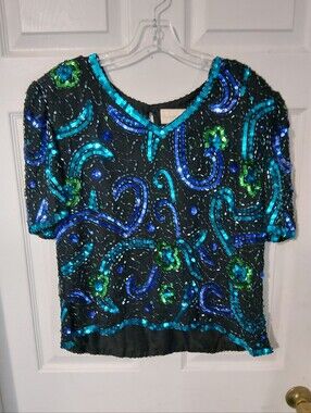 Monroe & Main Black Sequin Top with Blue & Green Accents